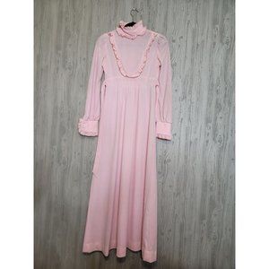 Vintage Ruffle Bib Empire Waist Puff Sleeve Pink Maxi